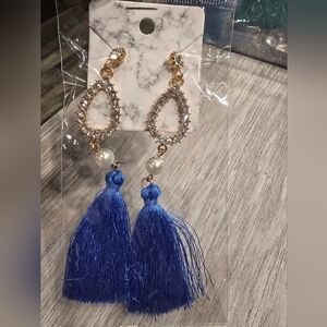 Gold Teardrop Crystal Earrings with Blue Tassels